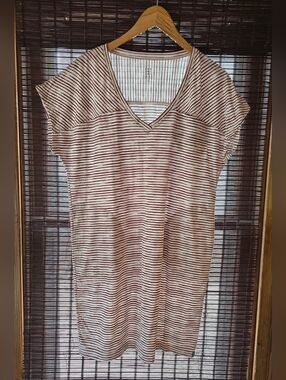 Title Nine Hiolani Tshirt Dress, Painted Stripe Brown and White, Vneck Short Slv